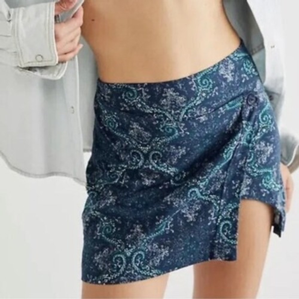 Free People Take It Easy Navy Teal Paisley Wrap Front Skort Mini Skirt Shorts